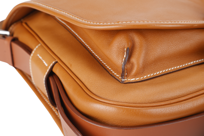 HERMES BARDA MESSENGER BAG 35 BROWN SWIFT LEATHER SILVER HARDWARE STAMP P SQUARE (YEAR 2012) WITH STRAPS