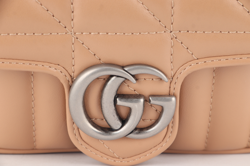 GUCCI GG MARMONT SUPER MINI BEIGE MATELASSE CHEVRON LEATHER RUTHENIUM HARDWARE WITH DUST COVER AND BOX