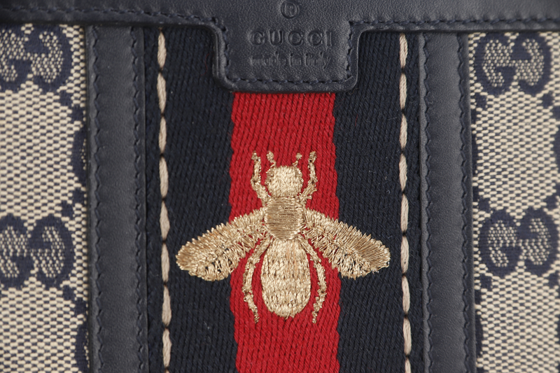 GUCCI WEB BEE ZIPPY WALLET DARK BLUE CANVAS CALF LEATHER GOLD HARDWARE WITH DUST COVER AND BOX