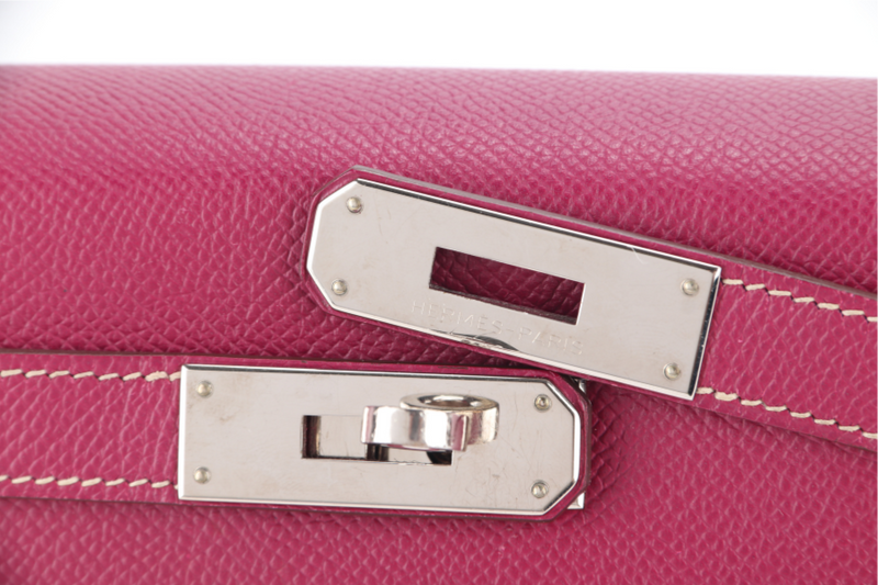 HERMES KELLY 28 CANDY VERSO TOSCA AND ROSE TYRIEN COLOR EPSOM SILVER HARDWARE STAMP O (YEAR 2011) WITH KEYS, LOCK, STRAP AND DUST COVER