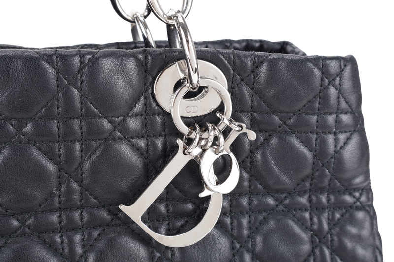 CHRISTIAN DIOR CANNAGE SHOPPING TOTE LARGE BLACK LAMBSKIN SILVER HARDWARE WITH DUST COVER