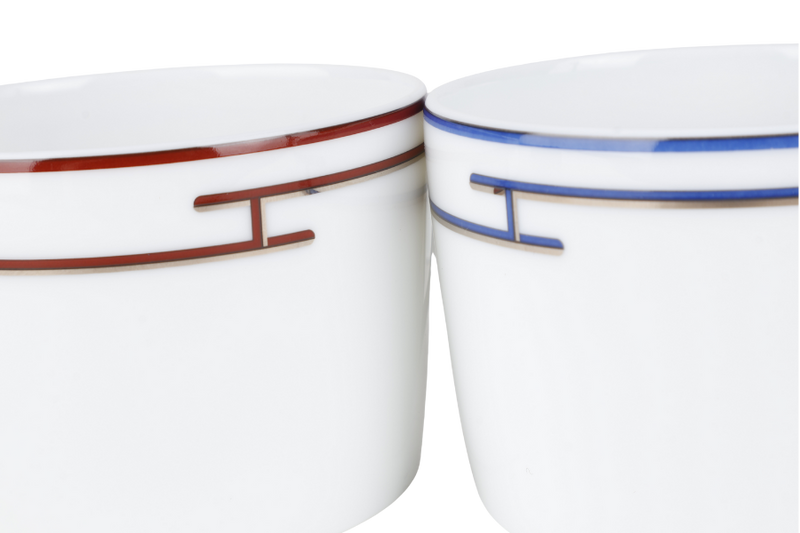HERMES RHYTHM RED X BLUE PORCELAINE CUP AND SAUCER IN SET OF TWO PIECES WITH BOX