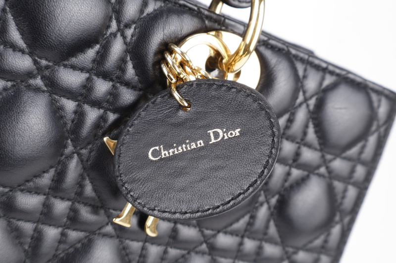 CHRISTIAN DIOR LADY DIOR LARGE BLACK LAMBSKIN 18-MA-0114 GOLD HARDWARE WITH STRAPS, NO DUST COVER