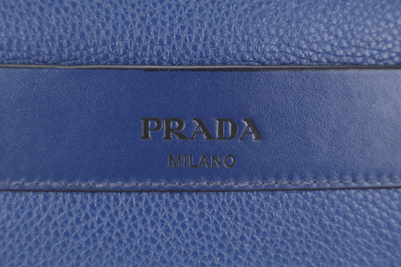 PRADA BORSELLO DARK BLUE GRAIN CALFSKIN CLUTCH SILVER HARDWARE WITH DUST COVER