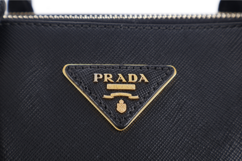 PRADA BN1801 DOUBLE ZIP SATCHEL BAG BLACK SAFFIANO LEATHER GOLD HARDWARE WITH STRAPS, CARD AND DUST COVER