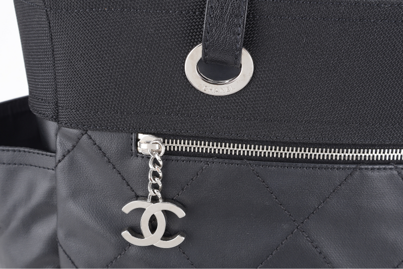 CHANEL PARIS BIARRITZ TOTE BAG BLACK COATED CANVAS SILVER HARDWARE (1407xxxx) WITH CARD AND DUST COVER