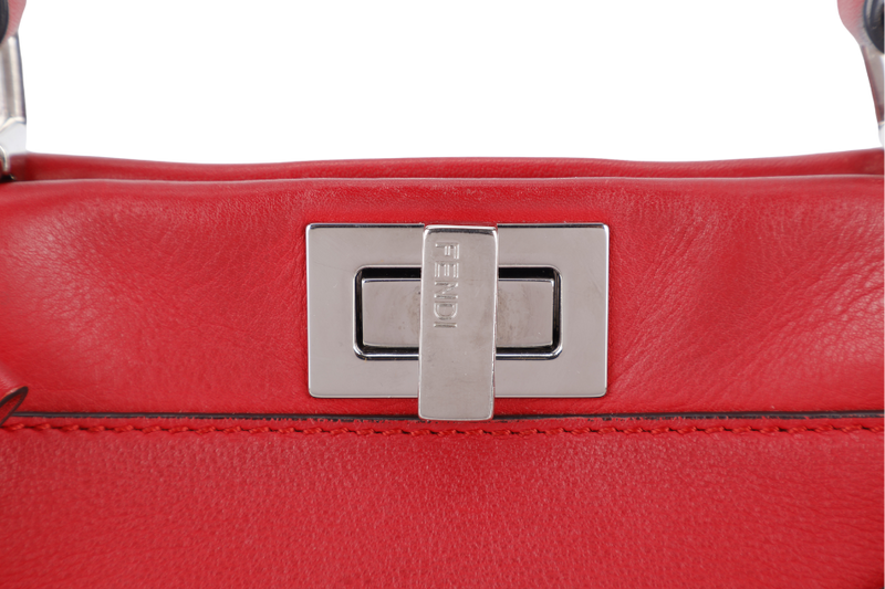 FENDI PEEKABOO MINI RED WHIPSTITCH CALF LEATHER SILVER HARDWARE WITH STRAPS AND DUST COVER