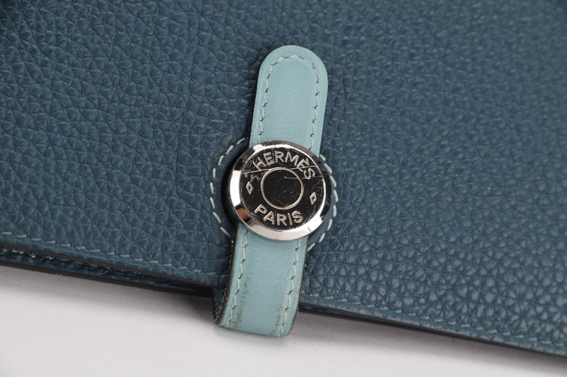 HERMES DONGON DUO WALLET (STAMP X) YEAR 2016 BLUE TOGO LEATHER PALLADIUM HARDWARE NO DUST COVER & BOX