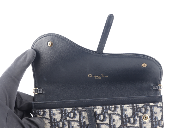 CHRISTIAN DIOR LONG SADDLE WALLET WITH CHAIN BLUE OBLIQUE LEATHER TRIMS GOLD HARDWARE WITH DUST COVER, STRAPS AND BOX