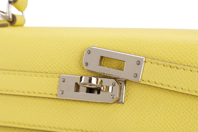 HERMES KELLY 25 SOUFRE COLOR EPSOM LEATHER SILVER HARDWARE STAMP Q (2013) WITH DUST COVER, LOCK, KEYS, RAINCOAT AND STRAPS