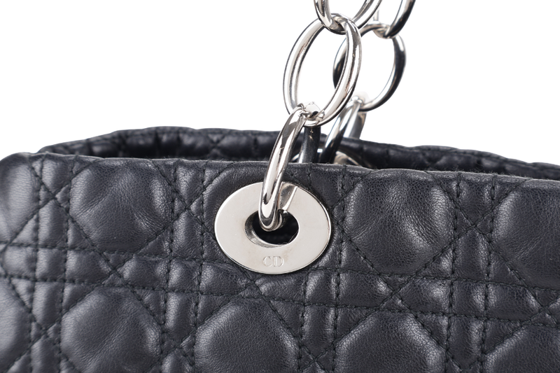 CHRISTIAN DIOR CANNAGE SHOPPING TOTE LARGE BLACK LAMBSKIN SILVER HARDWARE WITH DUST COVER