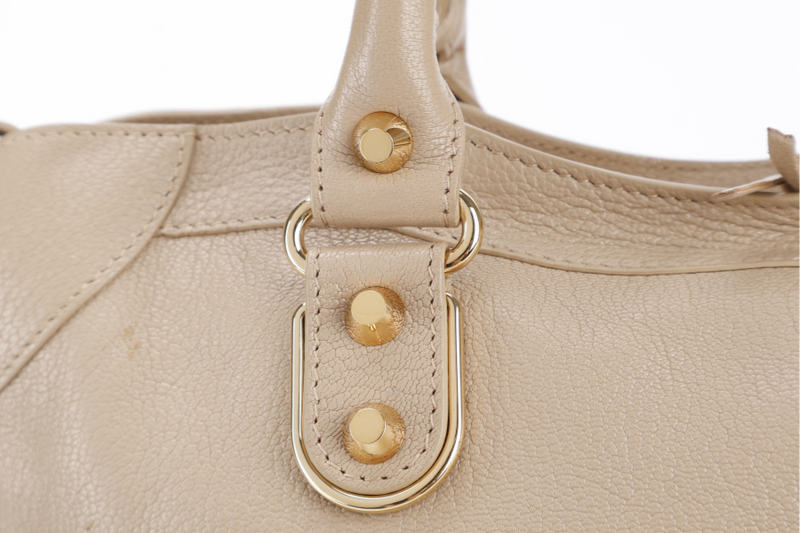 BALENCIAGA CITY BAG SMALL BEIGE LATTE LEATHER GOLD HARDWARE WITH MIRROR POCKET, STRAPS AND DUST COVER