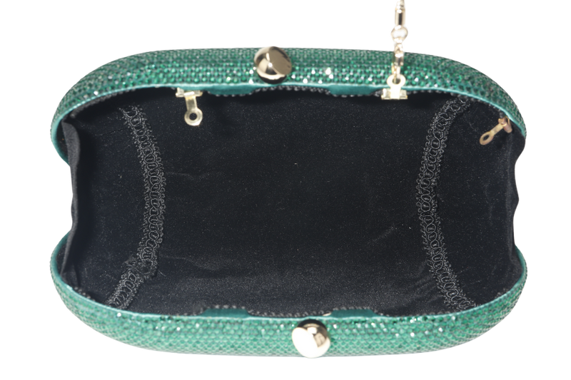 THE CHIC INITIATIVE GREEN CRYSTAL CLUTCH SILVER HARDWARE WITH DUST COVER AND BOX