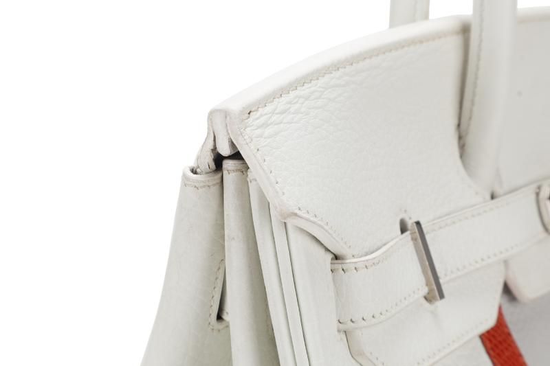 HERMES BIRKIN FLAG 35 WHITE AND GRIS PERLE CLEMENCE, LIZARD LEATHER SILVER HARDWARE STAMP Q SQUARE (YEAR 2013) WITH LOCK & KEYS AND DUST COVER