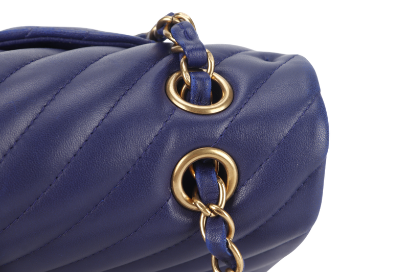 CHANEL CLASSIC FLAP CHEVRON (2117xxxx) DARK BLUE LAMBSKIN GOLD HARDWARE MEDIUM SIZE WITH CARD AND DUST COVER