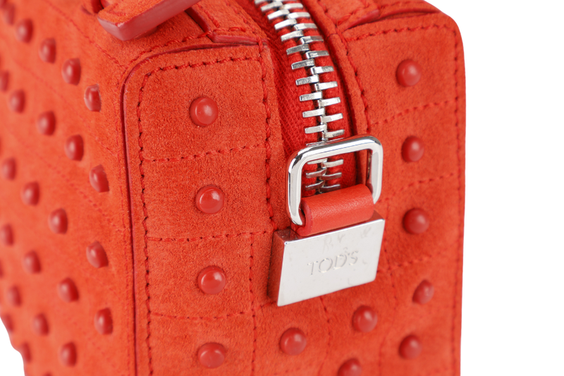 TODS RUBBERSTUD CROSSBODY SLING BAG ORANGE SUEDE SILVER HARDWARE WITH STRAPS AND DUST COVER