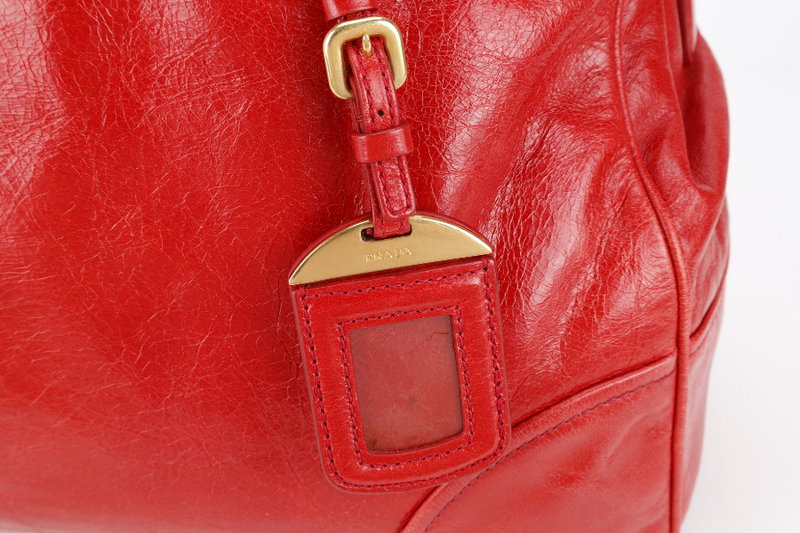 PRADA BR2324 VITELLO SHINE RED MEDIUM SATCHEL LEATHER 2WAYS BAG GOLD HARDWARE WITH CARD AND STRAPS