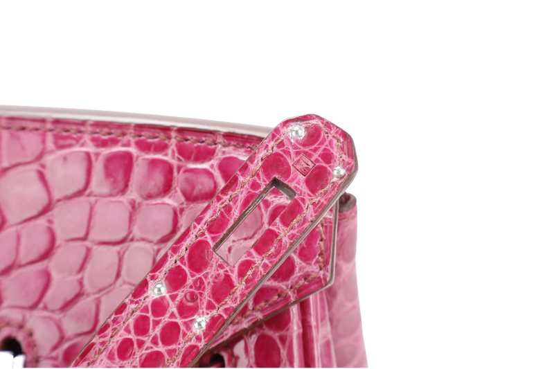 HERMES BIRKIN 35 STAMP N SQUARE (YEAR 2010) ROSE SCHEHERAZADE POROSUS CROC SKIN SILVER HARDWARE WITH KEYS&LOCK, RAINCOAT, DUST COVER & BOX