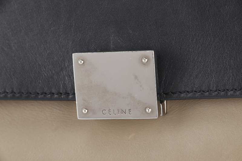 CELINE TRAPEZE BAG IN BEIGE TAUPE TRICOLOR LEATHER WITH BLACK FLAP ON ORANGE TOP SILVER HARDWARE WITH STRAPS AND DUST COVER