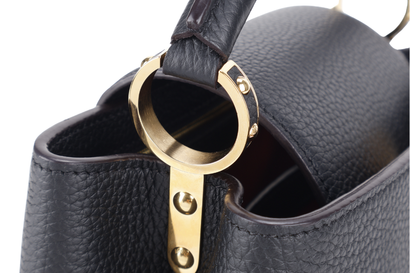 LOUIS VUITTON CAPUCINES BB BLACK CALFSKIN LEATHER GOLD HARDWARE WITH LEATHER STRAPS AND DUST COVER