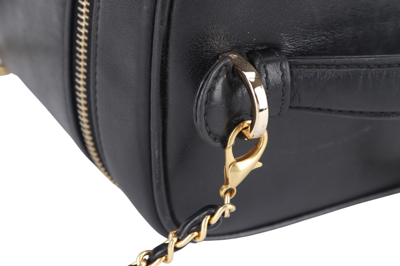 CHANEL VINTAGE VANITY CASE (411xxxx) BLACK LAMBSKIN LEATHER GOLD HARDWARE WITH THIRD PARTY CHAIN, COMPARTMENT AND CARD