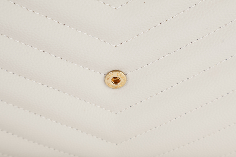YVES SAINT LAURENT (YSL) CASSANDRE MATELASSE FLAP CLUTCH IN GRAIN DE POUDRE WHITE LEATHER GOLD HARDWARE WITH DUST COVER AND BOX