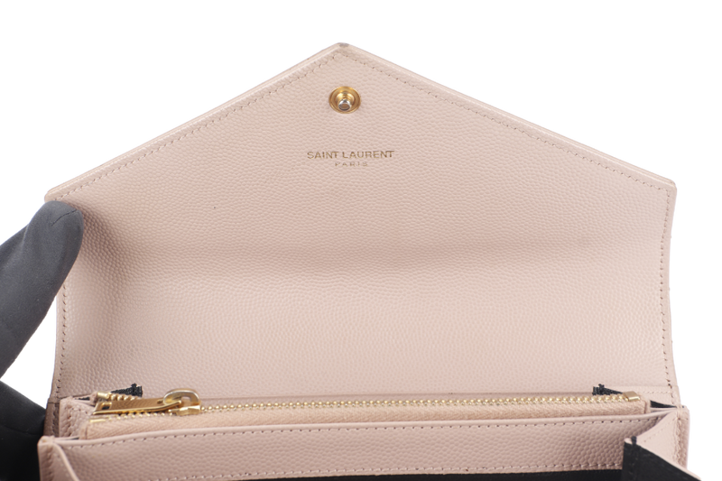 YVES SAINT LAURENT (YSL) LOGO CONTINENTAL WALLET BEIGE QUILTED LEATHER WITH DUST COVER AND BOX