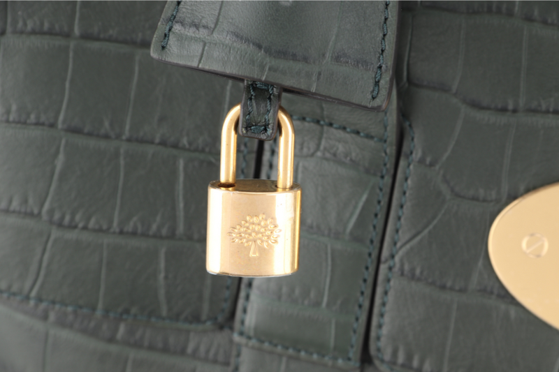 MULBERRY BAYSWATER NETTLE GREEN CROC EMBOSSED NAPPA LEATHER BAG GOLD HARDWARE WITH PADLOCK NO DUST COVER