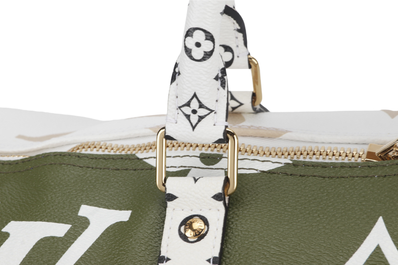 LOUIS VUITTON KEEPALL BANDOULIERE 50 (M44590) KHAKI BEIGE GIANT MONOGRAM GOLD HARDWARE WITH STRAPS, PADLOCK, KEYS, DUST COVER AND BOX