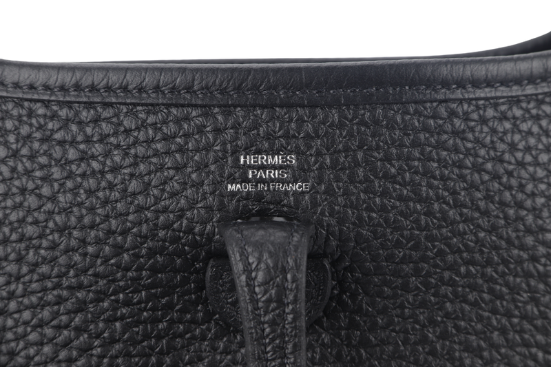 HERMES MINI EVELYN BLACK CLEMENCE LEATHER WITH SILVER HARDWARE STAMP B WITH DUST COVER AND BOX