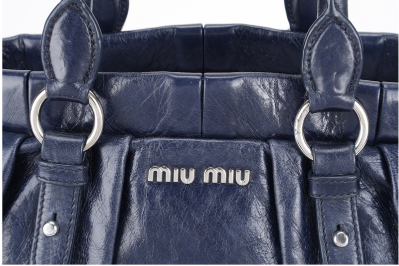 MIU MIU VITELLO SHINE SATCHEL DARK BLUE LEATHER SILVER HARDWARE WITH STRAPS AND NO DUST COVER