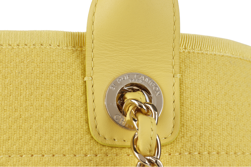 CHANEL DEAUVILLE TOTE BAG MICROCHIP (AJPXxxxx) LARGE YELLOW CANVAS GOLD HARDWARE WITH POUCH NO DUST COVER