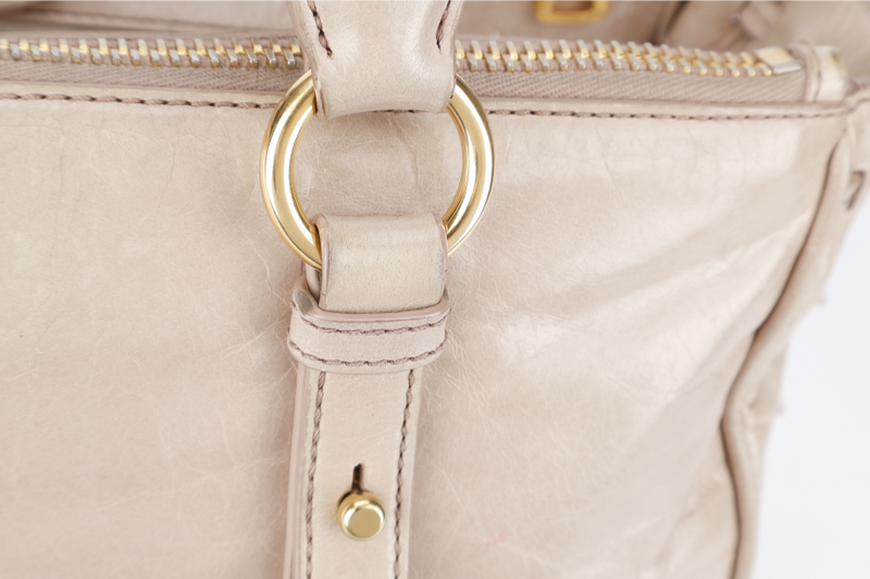 MIU MIU VITELLO LUX LARGE BEIGE BOWLER BAG GOLD HARDWARE WITH LEATHER STRAPS AND DUST COVER