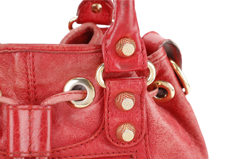 BALENCIAGA RED LEATHER GGH POMPON BAG GOLD HARDWARE WITH MIRROR, STRAPS AND DUST COVER