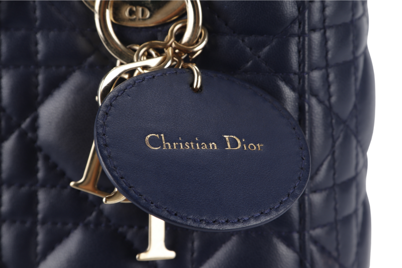 CHRISTIAN DIOR LADY DIOR SMALL (01-RU-1117) NAVY BLUE CANNAGE LAMBSKIN GOLD HARDWARE WITH STRAP, DUST COVER AND BOX