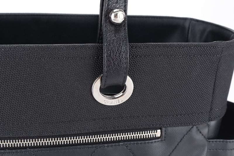 CHANEL PARIS BIARRITZ TOTE BAG BLACK COATED CANVAS SILVER HARDWARE (1407xxxx) WITH CARD AND DUST COVER