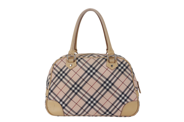 BURBERRY BLUE LABEL BEIGE LEATHER CHECK CANVAS SHOULDER BAG SILVER HARDWARE