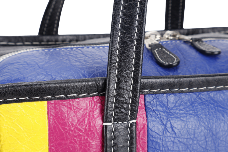 BALENCIAGA MULTICOLOR STRIPED LEATHER BAZAR TOTE BAG SILVER HARDWARE WITH STRAPS NO DUST COVER