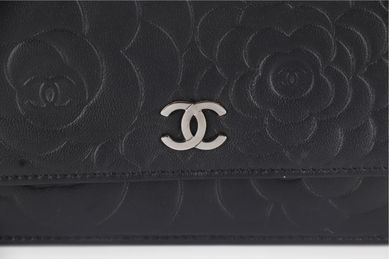 CHANEL CAMELLIA W.O.C (1609xxxx) BLACK EMBOSSED LAMBSKIN SILVER HARDWARE  WITH CARD AND BOX