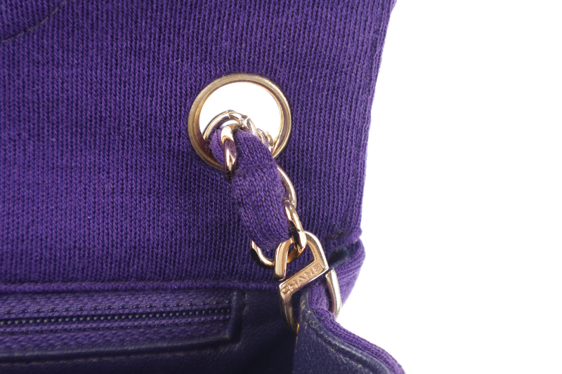 CHANEL CLASSIC FLAP MINI SQUARE (648xxxx) PURPLE JERSEY GOLD HARDWARE WITH DUST COVER AND CARD