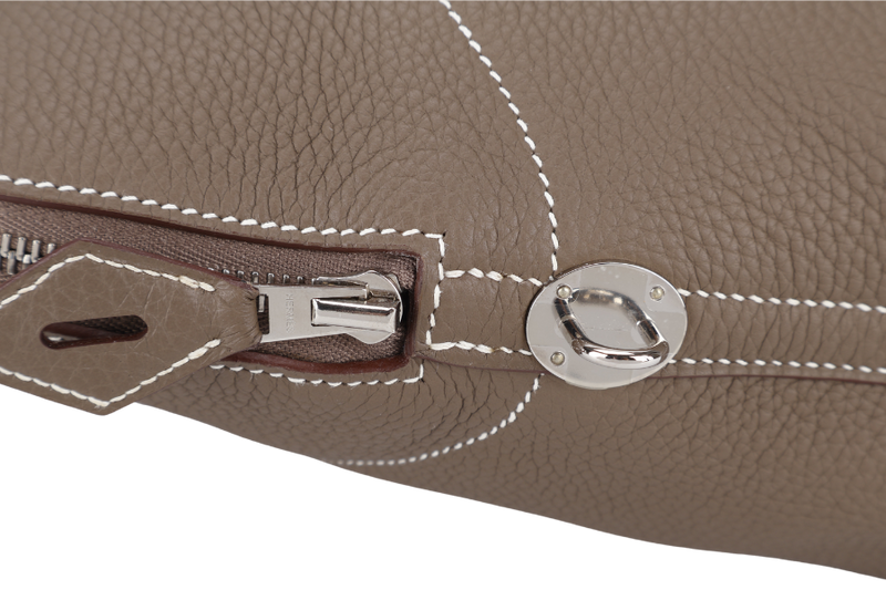 HERMES BOLIDE 31 TAUPE CLEMENCE LEATHER SILVER HARDWARE STAMP A (YEAR 2017) WITH STRAPS, DUST COVER AND BOX