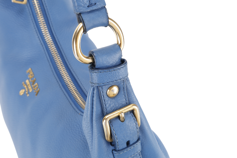 PRADA ZIP TOP HOBO VITELLO DAINO BAG LARGE BLUE LEATHER GOLD HARDWARE NO DUST COVER