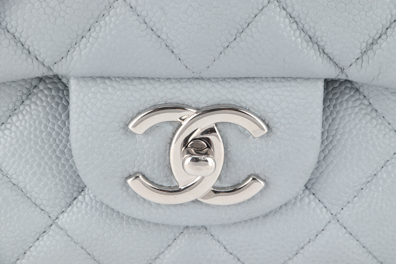 CHANEL CLASSIC FLAP MAXI GREY CAVIAR LEATHER WITH SILVER CHAIN (1739xxxx) WITH CARD , DUST COVER AND BOX