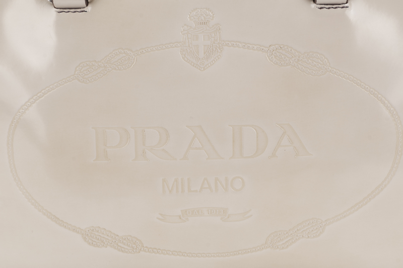 PRADA BN1114 TOP HANDLE BEIGE VINYL BAG SILVER HARDWARE WITH CARD, KEYS&LOCK AND DUST COVER