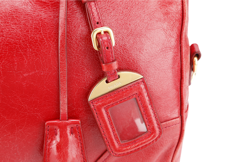 PRADA RED VITELLO SHINE LEATHER (BL0822) ZIP TOTE BAG WITH STRAPS, CARD, KEYS&LOCK AND DUST COVER