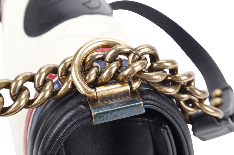 CHANEL LEBOY (2191xxxx) CREST BLACK, RED, WHITE & BLUE LAMBSKIN LEATHER GOLD HARDWARE WITH BOX