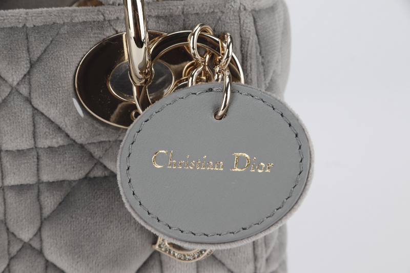 CHRISTIAN DIOR LADY DIOR (01-RU-1129) MINI GREY SUEDE LEATHER GOLD HARDWARE WITH STRAP, CARD AND DUST COVER