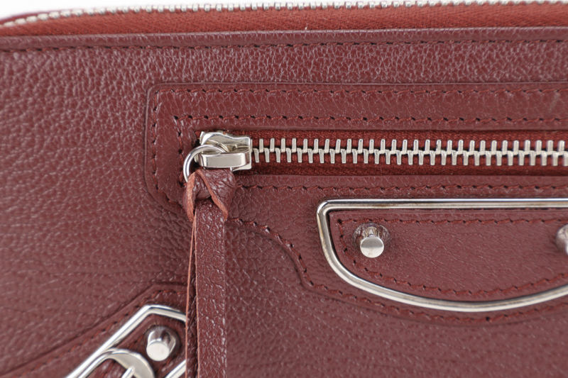 BALENCIAGA EDGE CONTINENTAL MAROON LEATHER ZIPPY WALLET SILVER HARDWARE WITH DUST COVER