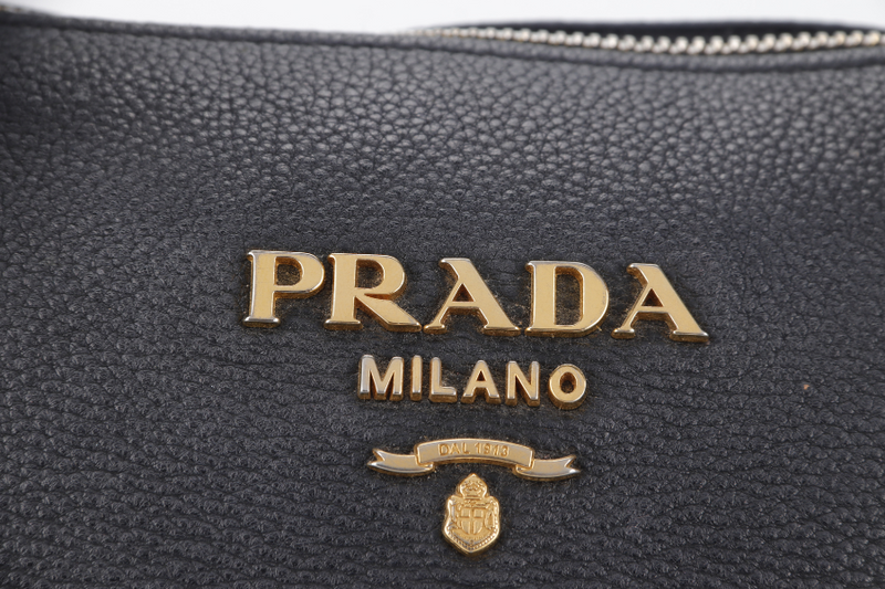 PRADA VITELLO MEDIUM BLACK LEATHER 2WAYS BAG GOLD HARDWARE WITH STRAP