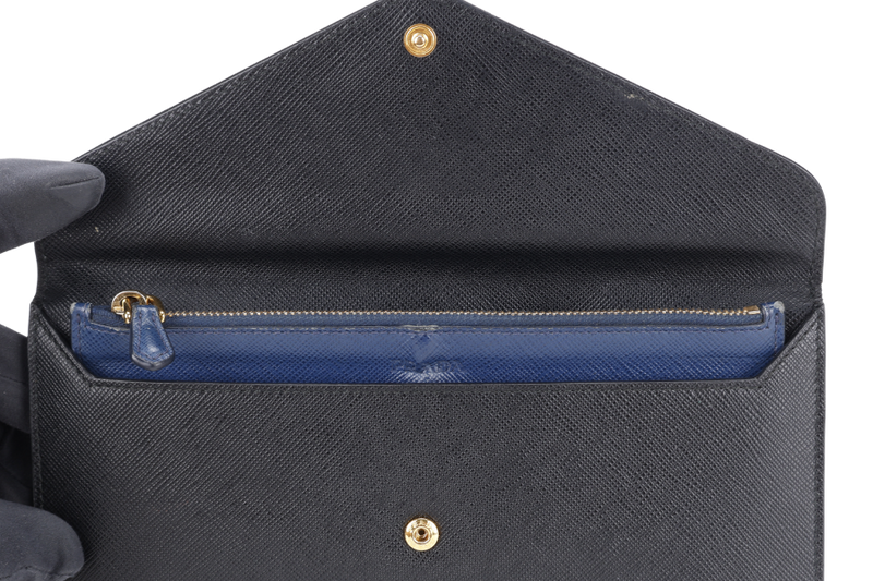 PRADA 1MF006 SAFFIANO LEATHER ENVELOPE CLUTCH BLACK & BLUE WITH CARD AND BOX